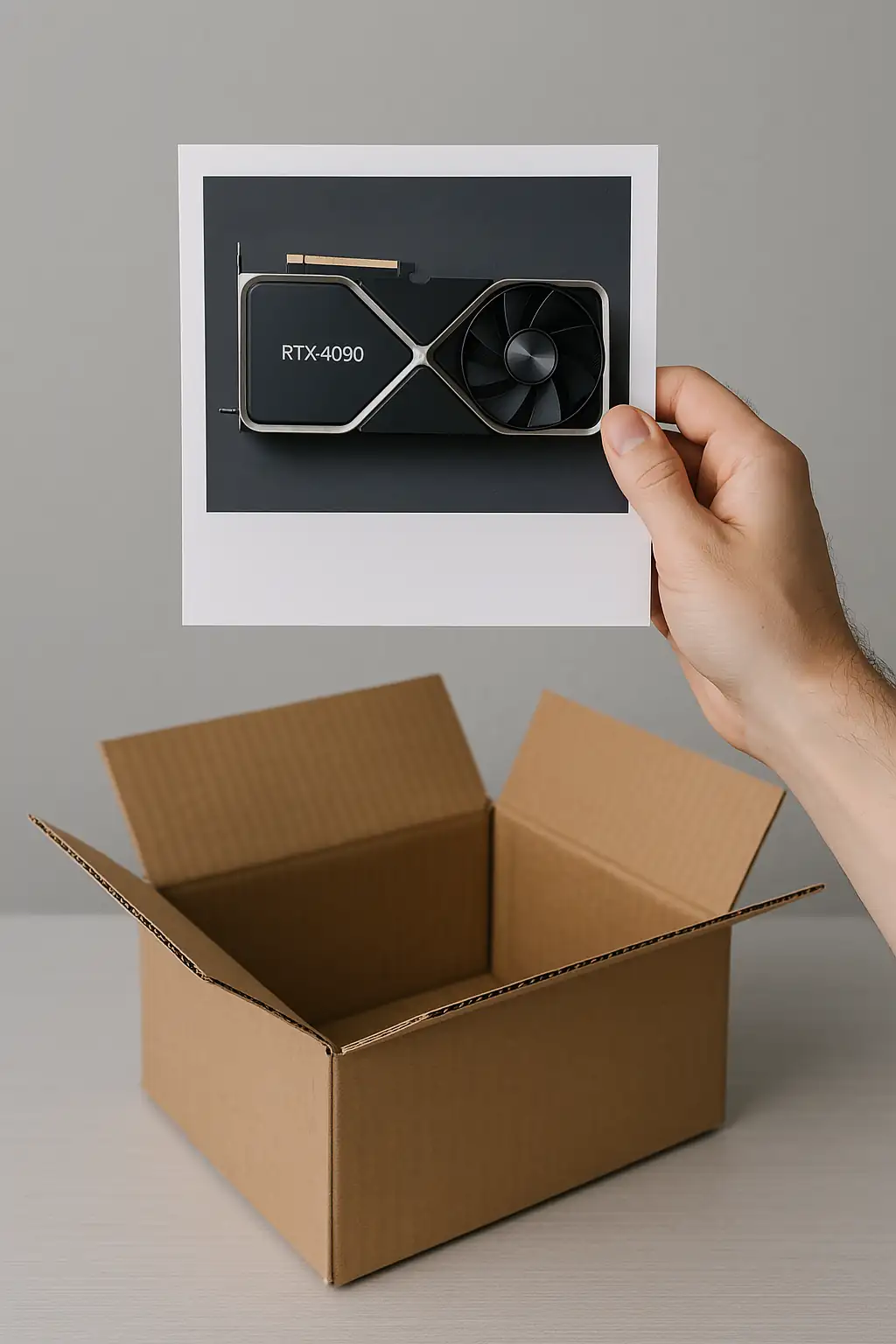 A hand holding up a picture of an RTX 4090 above a cardboard box.
