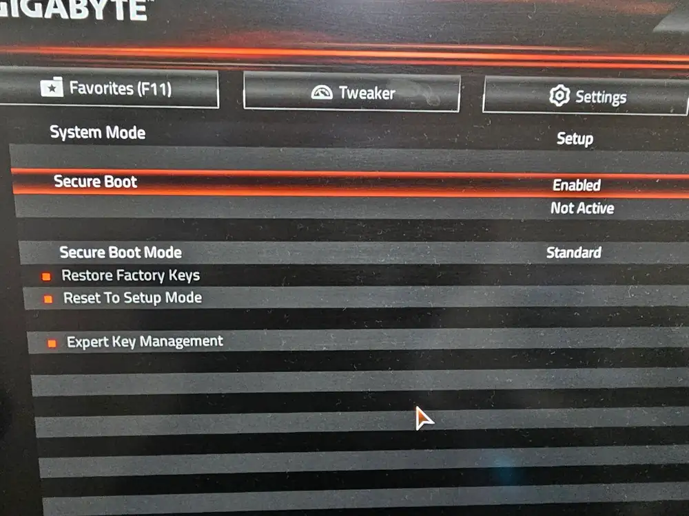 GIGABYTE BIOS showing Secure Boot enabled.