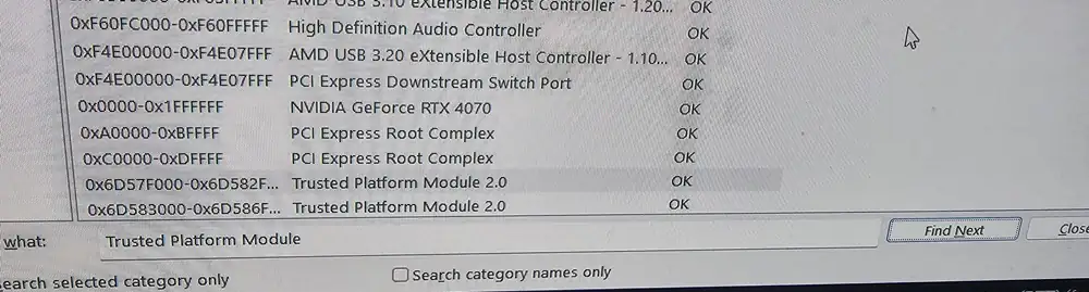 Screenshot of msinfo32 showing Trusted Platform Module 2.0 as OK.