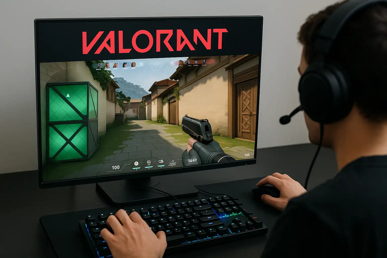 A gamer playing VALORANT in front of a monitor with a keyboard and mouse.