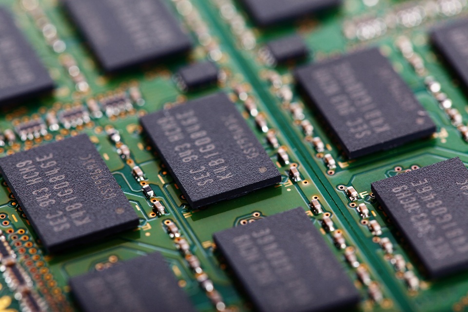 Memory chips on a computer board.